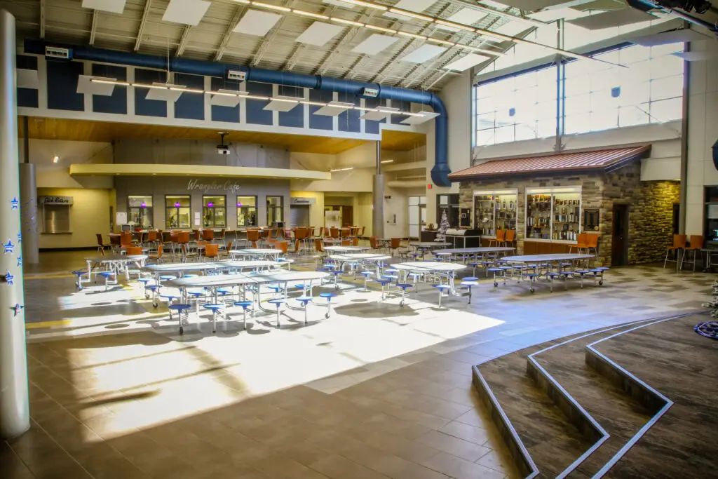 Post construction of the Shoshoni K-12 School in Shosoni, Wyoming completed by Groathouse Construction featuring the Wrangler Cafe