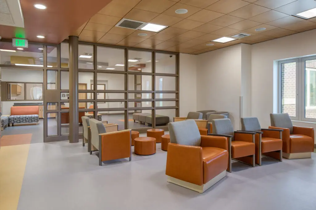 Post construction interior of the Wyoming State Hospital waiting room completed by Groathouse Construction in Evanston, WY