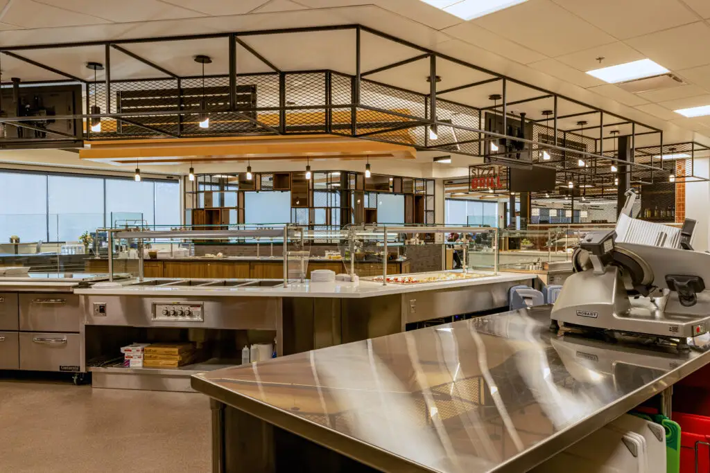 Post construction of the student campus life services kitchen, checkout, and dining area at NWC Student Center in Powell, Wyoming completed by Groathouse Construction