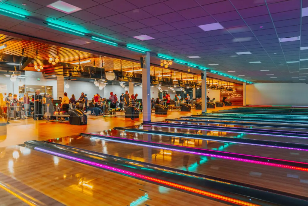 Post renovation of the Cheyenne Business Center at Derby Lanes featuring the bowling area in Cheyenne, Wyoming completed by Groathouse Construction