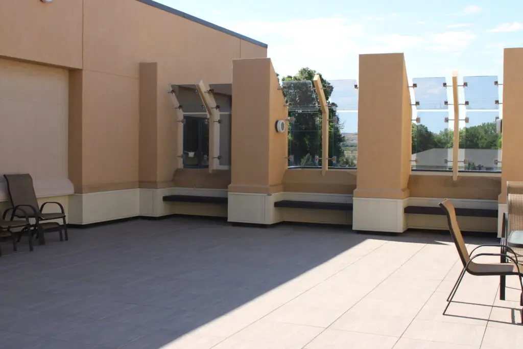 Post construction of the patio and paver stone decking at North Bighorn Hospital's New Horizon Care Center completed by Groathouse Construction