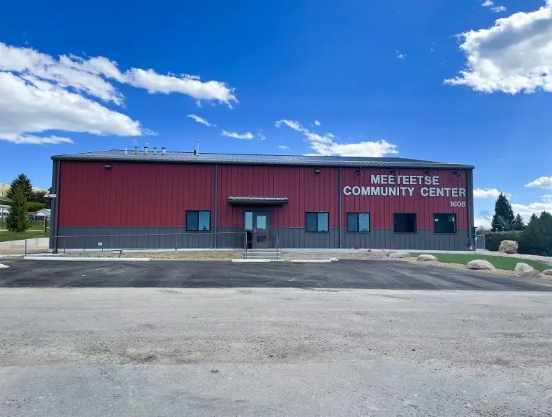 Exterior of the Meeteetse Community Center, built with pre-engineered metal, completed by Groathouse Construction in Meeteetse, WY