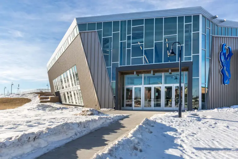 Post construction of the newly built Gillette College Pronghorn Center in Gillette, Wyoming completed by Groathouse Construction featuring the exterior entrance