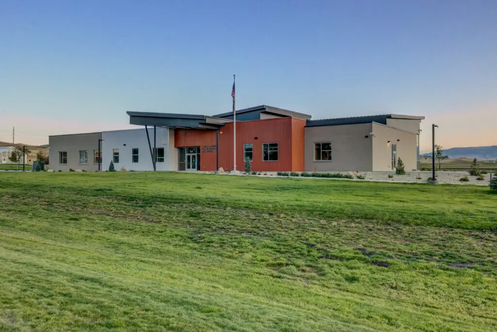 Post construction exterior of the newly built John C. Schiffer Collaborative School in Sheridan, Wyoming completed by Groathouse Construction