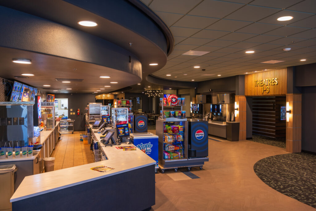 Post renovation of the WyoMovies theater in Gillette, Wyoming completed by Groathouse Construction